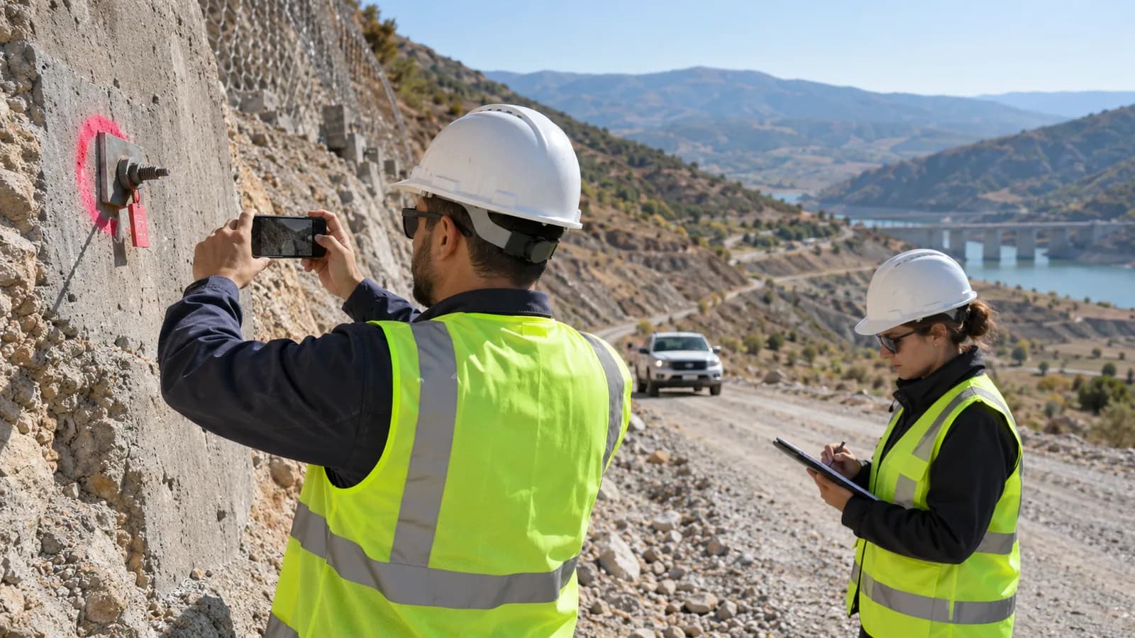 Field inspector photographing a marked wall location while a colleague records inspection notes